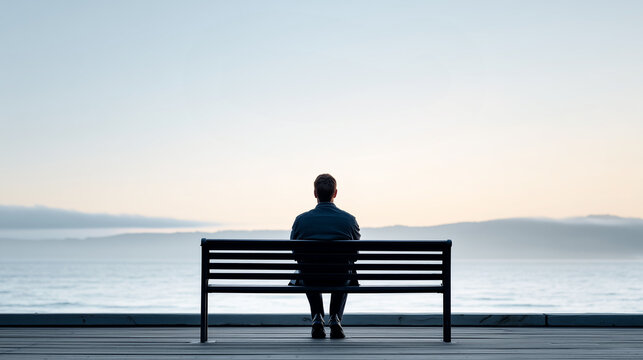 Rear view on a man sits alone on a bench with a view on sea - loneliness and mental health problems.