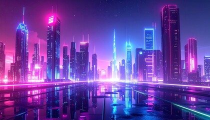 Neon city skyline at twilight