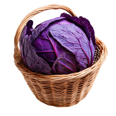 Purple cabbage in a wicker basket isolated on transparent background.