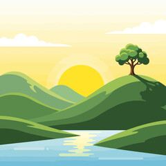 Obraz premium Serene landscape with a lone tree on a hill.