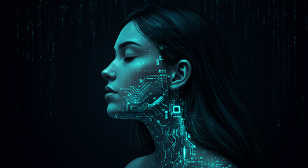 A serene profile of a cyborg woman with glowing digital circuits, embodying the fusion of humanity and artificial intelligence in a futuristic world