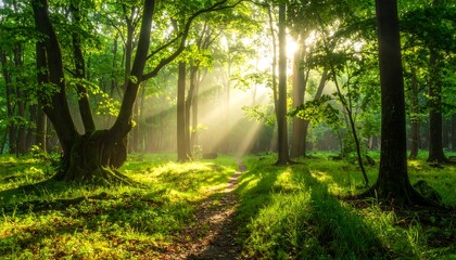 Obraz premium Forest path with sunbeams shining through green trees, illuminating the ground