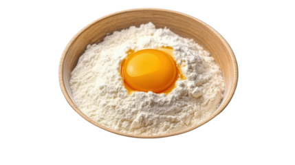 Bowl with flour and egg yolk isolated on transparent background.