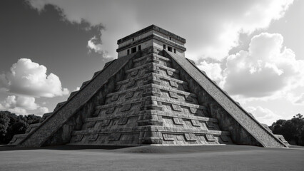 Ancient pyramid structure with intricate stonework, surrounded by lush greenery and dramatic clouds, evokes sense of history and mystery