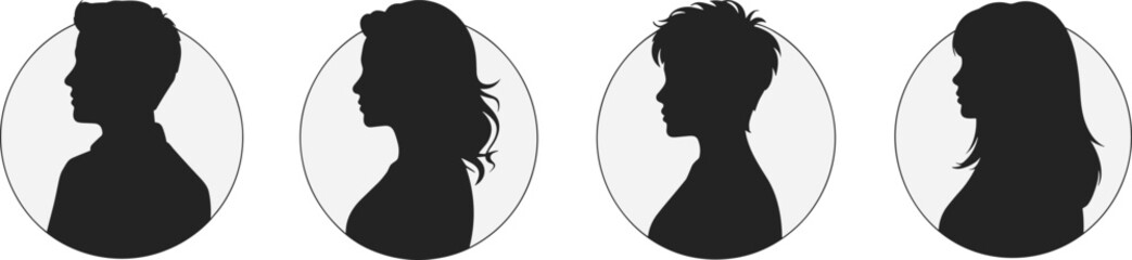Profile silhouette set, human head icons, diverse hairstyles, black vector, circular frame, identity design, facial outline, people illustration, avatar