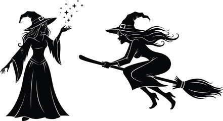 Witch silhouette set, magical women, flying witch, spell casting, broomstick, pointed hat, Halloween illustration, fantasy theme, black vector, mystical pose
