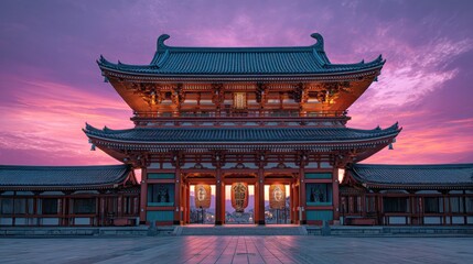Magnificent Japanese temple illuminated at twilight with dramatic purple sunset sky creating stunning architectural and cultural landmark photography