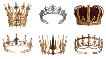 Collection of royal crowns isolated on transparent background, symbol of power and authority concept