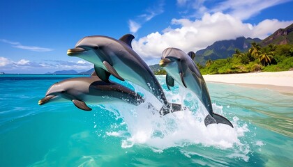 Obraz premium Three Dolphins Leaping Joyfully in Tropical Paradise