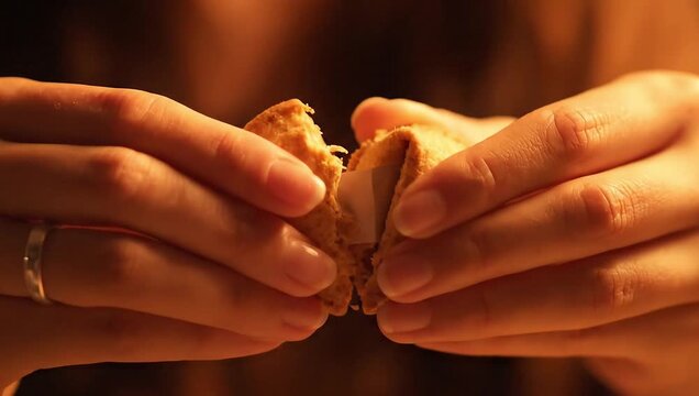 Opening chinese fortune cookie to see future