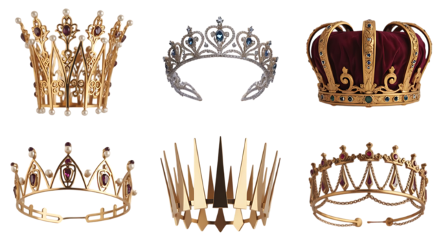 Collection of royal crowns isolated on transparent background, symbol of power and authority concept