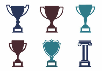 Set of diverse award trophies, shields, and classical column icons in silhouette style, symbolizing victory, achievement, and recognition.