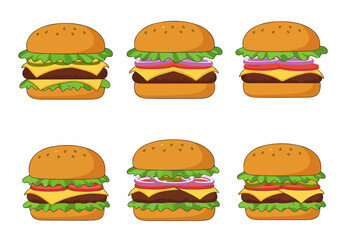 Six vibrant cartoon hamburgers, featuring cheeseburger, onion, tomato, and pickle variations, perfect for fast food menu designs and illustrations.