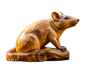 Rustic Hand-Carved Wooden Rat Figurine with Textured Surface, Crawling Pose, Side View, Isolated on Transparent Background