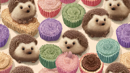 Seamless pattern of adorable hedgehogs sitting among colorful cupcakes with creamy frosting and pastel tones