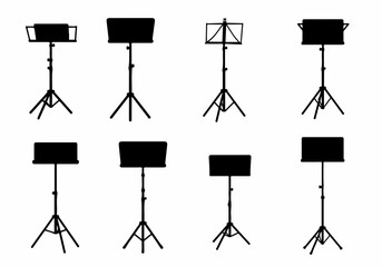 Eight diverse black silhouettes of music stands, illustrating various designs for holding sheet music and orchestrating performances. © Nafa Project