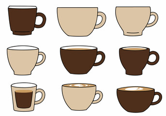 Obraz premium Collection of Stylized Coffee and Tea Cups with Various Beverages and Latte Art, Illustrative Vector Icons on White Background
