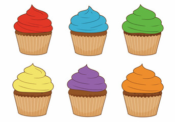 Colorful cartoon cupcakes with vibrant frosting, an assortment of sweet baked treats in red, blue, green, yellow, purple, and orange, on a white background.