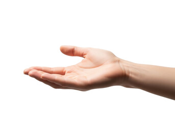 Close-up of a smooth, clean, fair caucasian hand with neat nails, palm open and outstretched on a seamless transparent studio background, concept of giving or receiving