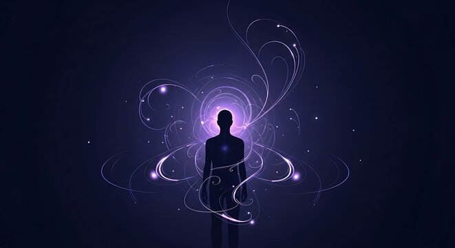 Silhouette of person meditating in glowing purple cosmic energy swirling around them