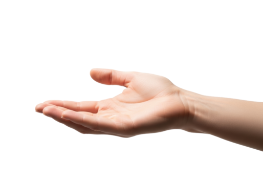 Close-up of a smooth, clean, fair caucasian hand with neat nails, palm open and outstretched on a seamless transparent studio background, concept of giving or receiving