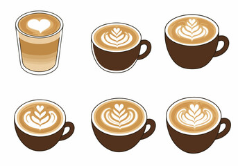 Vector illustration of various coffee beverages with exquisite latte art, showcasing hearts and rosetta patterns in cups and a glass.