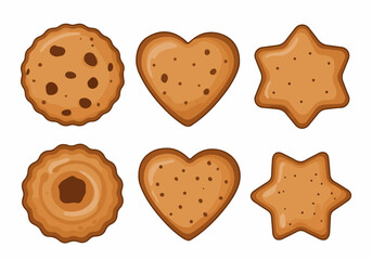 Collection of cartoon cookies in various shapes: round, heart, and star, perfect for baking, snacks, and holiday celebrations.