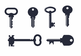 Varied black key silhouettes: modern to vintage designs for security, access, privacy, and unlocking concepts on a white background.