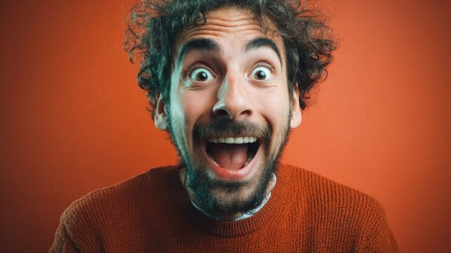 A joyful man with curly hair and a big smile expresses happiness against a vibrant orange background, capturing the essence of enthusiasm and positivity in daily life.