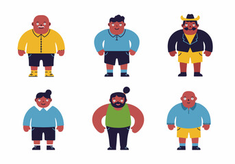 Set of six smiling male cartoon characters in colorful, modern flat design, representing diverse personalities and body types. Friendly and inclusive vector illustration.