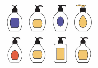 Collection of diverse minimalistic pump dispenser bottles, perfect for showcasing liquid soap, lotion, or sanitizer products with modern, clean branding on a white background.