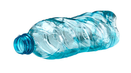 Fototapeta premium Crushed blue plastic water bottle with clear liquid residue captured in studio light, symbolizing waste and recycling needs.