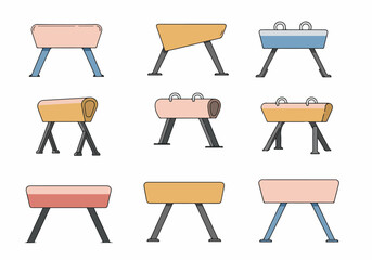 Flat design collection of various gymnastics equipment, featuring different styles of pommel horses and vaulting horses on white.