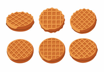 Collection of six golden round waffles with classic grid patterns, freshly baked and ready for breakfast or dessert, isolated on a clean white background.