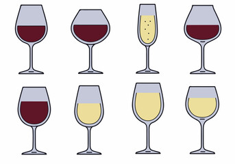 Collection of Outlined Wine and Champagne Glasses Icons with Red, White, and Sparkling Beverages for Graphic Design and UI Elements