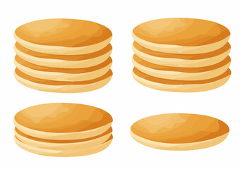 Vector illustration set of golden brown pancakes in various stacks and a single pancake, perfect for breakfast, dessert, or menu designs.