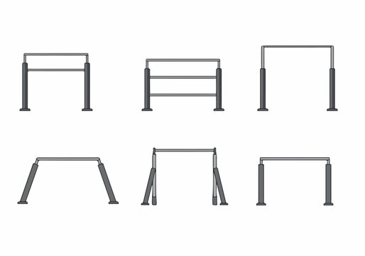 Vector illustration featuring a variety of parallel and pull-up bars for calisthenics, strength training, and outdoor fitness workouts.