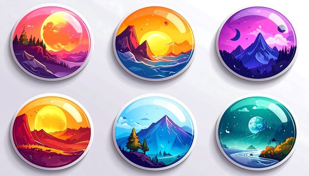 Colorful landscape scenes in circular frames