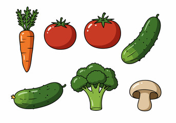 Cartoon illustration of a variety of fresh, colorful vegetables including carrots, tomatoes, cucumbers, broccoli, and a mushroom, perfect for healthy eating and natural food concepts.