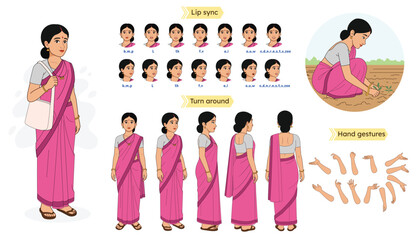 An Indian Village Woman Character Constructor. Indian Woman creation Set. Indian Woman Character Model Sheet with Lip Sync, Hand Gestures, and Saree Outfit | 2D Animation Design. Indian Woman in Saree