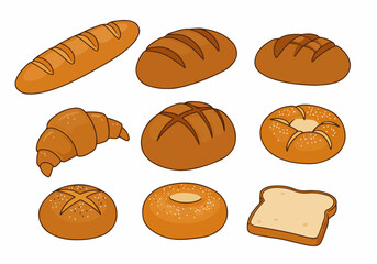 Cartoon Bread and Baked Goods Vector Assortment: Baguettes, Croissants, Rolls, Bagels, and Toast Illustration on White Background.