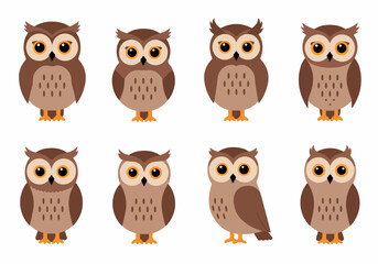 Cute cartoon owls vector illustration set. Adorable brown owl characters with big eyes and various expressions on a white background, perfect for children's designs and educational content.