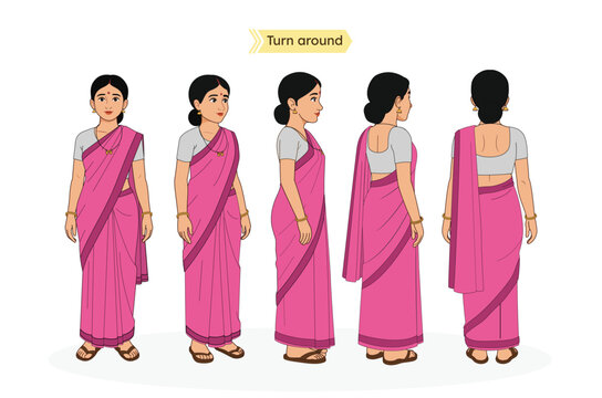 Indian Woman Turnaround Sheet &ndash; Front, Side, ⅓ front view, ⅓ back view and Back Views. Indian Woman in Saree Character Turnaround Sheet. Indian Village Woman Turnaround Sheet Cartoon Character for Ani