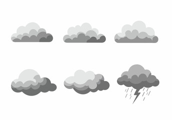 A collection of grey cloud icons illustrating various weather conditions from clear to stormy skies with rain and lightning.