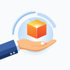 Hand Holding Glowing Orange Cube With Circular Light Effect