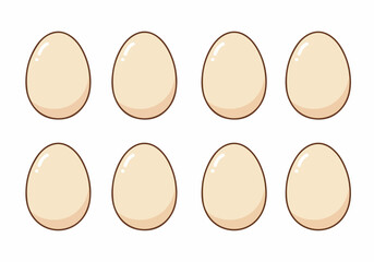 Simple cartoon illustration of eight light brown eggs arranged in two rows on a white background, perfect for food, cooking, or farm-related designs.