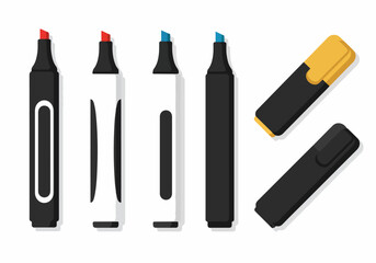 Colorful Marker Pens and Highlighters Set for Office and School Supplies. Flat design illustration with various colors and styles.