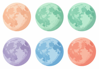 Colorful full moon illustrations in pastel shades, perfect for celestial themes, cosmic designs, and abstract lunar beauty on a white background.