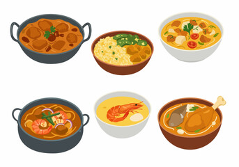 Assorted delicious international stews, curries, and soups in bowls and pots. A vector illustration collection of diverse traditional and popular hot meals.