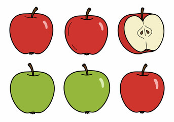 Colorful cartoon apples vector set: red and green whole fruits with one sliced half, perfect for healthy eating designs and educational materials.